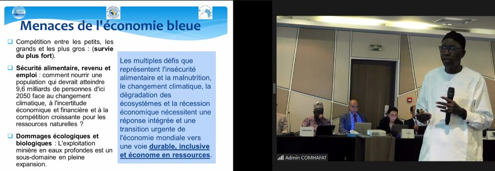 Gaoussou parlant des menaces de l'économie bleue sur la pêche artisanale. Fès 27 mars 2024