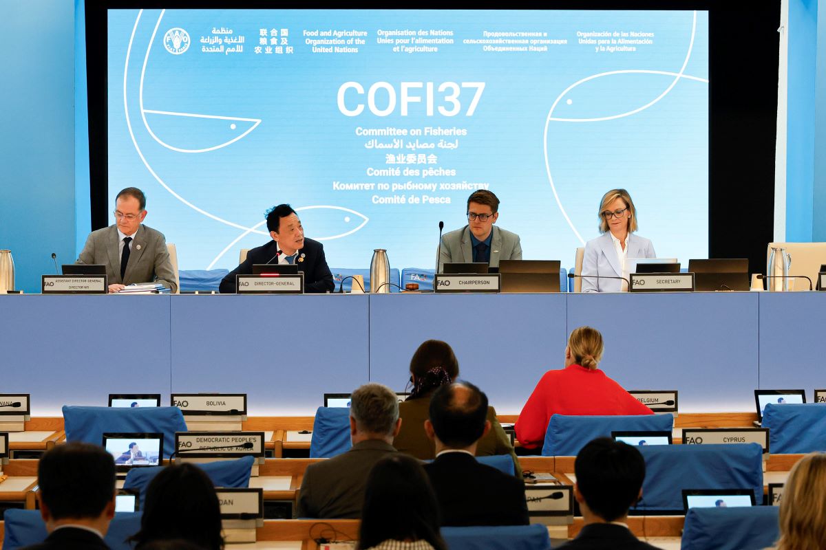 September 7, 2026. Rome, Italy. From left: Manuel Barange, FAO Assistant Director-General, Fisheries and Aquaculture Division (NFI); FAO Director-General QU Dongyu; Chairperson Adam Berry; and Secretary Alice McDonald sit at the start of the 37th Session of COFI—Opening Session. FAO headquarters (Plenary Hall) Photo credit must be given: ©FAO/Pier Paolo Cito.